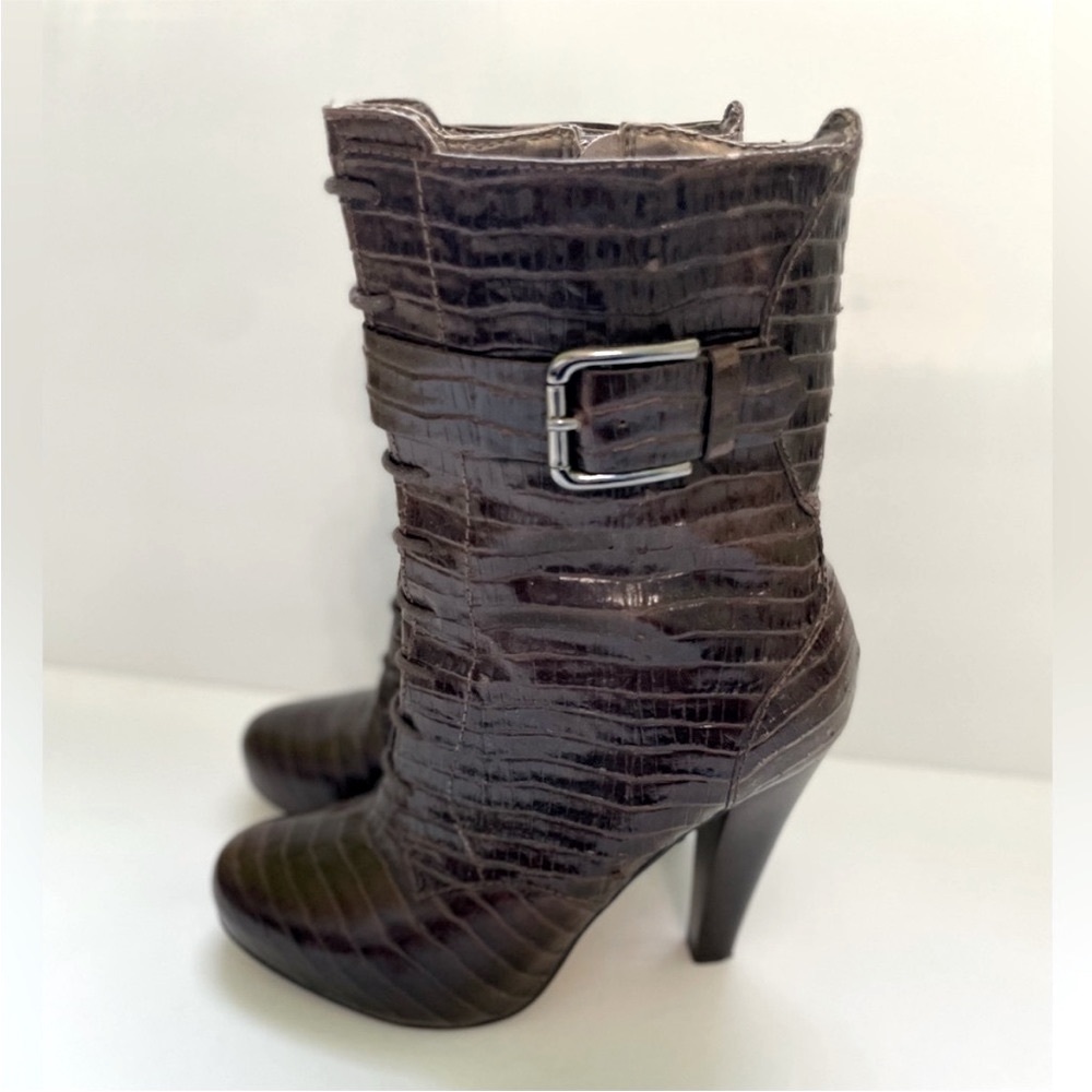 Talbots Simone Alligator Embossed Leather Lace-Up Zipper Mid-Calf High Heel Boot